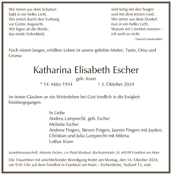 Traueranzeige von Katharina Elisabeth Escher von FNP