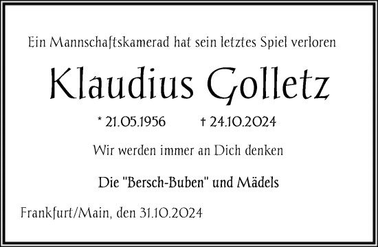 Traueranzeige von Klaudius Golletz von FNP