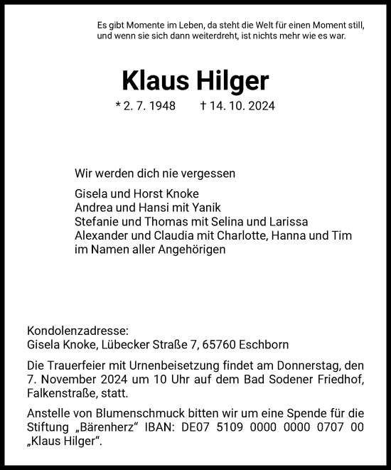 Traueranzeige von Klaus Hilger von FNP