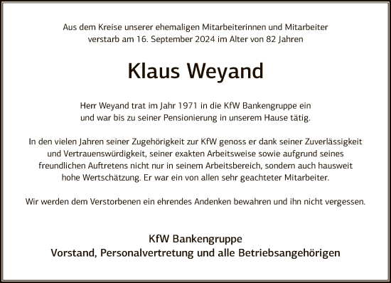 Traueranzeige von Klaus Weyand von FNP