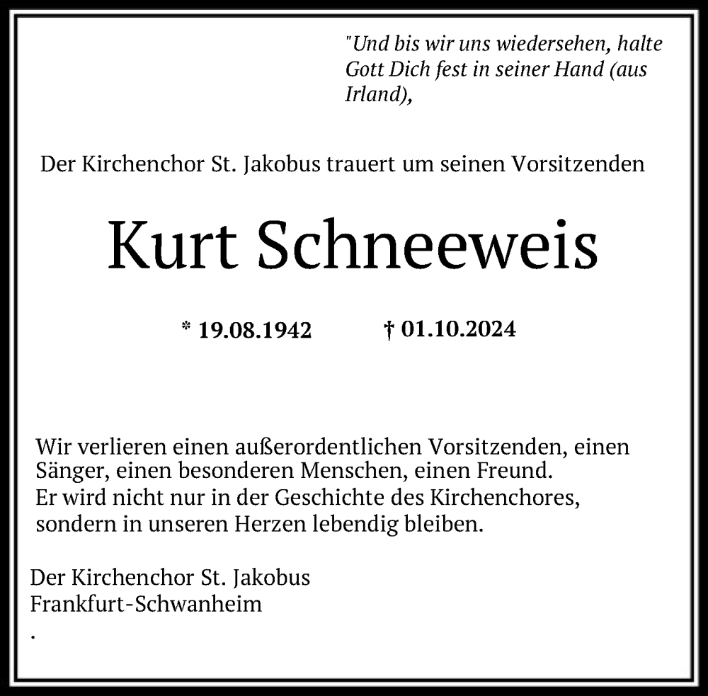  Traueranzeige für Kurt Schneeweis vom 26.10.2024 aus FNP