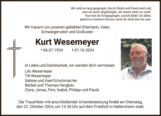 Traueranzeige von Kurt Wesemeyer von FNP