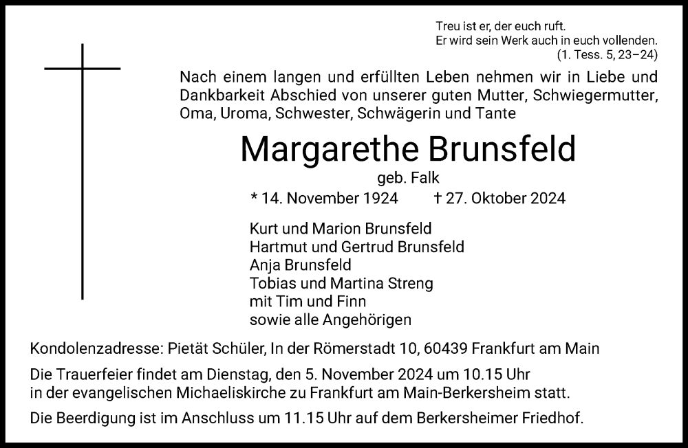  Traueranzeige für Margarethe Brunsfeld vom 01.11.2024 aus FNP
