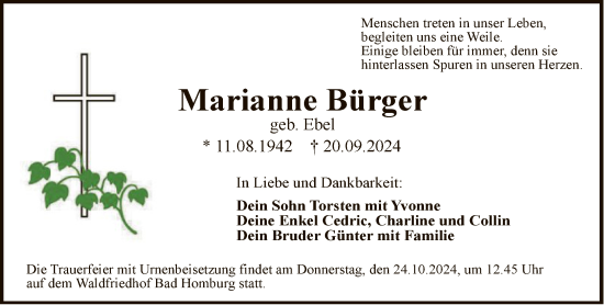 Traueranzeige von Marianne Bürger von FNP