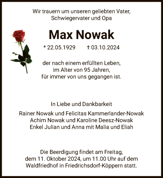 Traueranzeige von Max Nowak von FNP