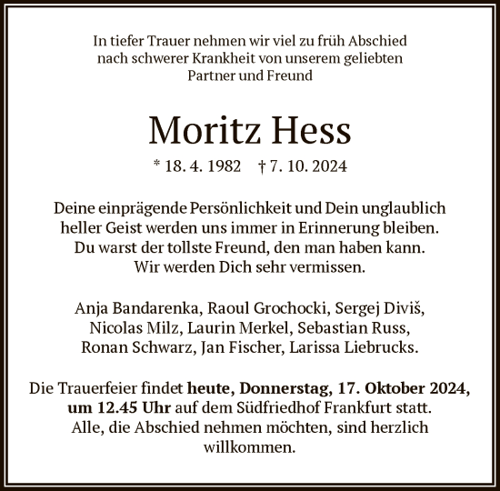 Traueranzeige von Moritz Hess von FNP