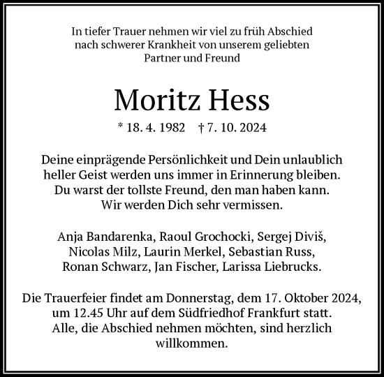 Traueranzeige von Moritz Hess von FNP