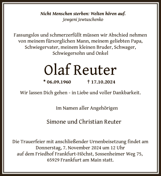 Traueranzeige von Olaf Reuter von FNP