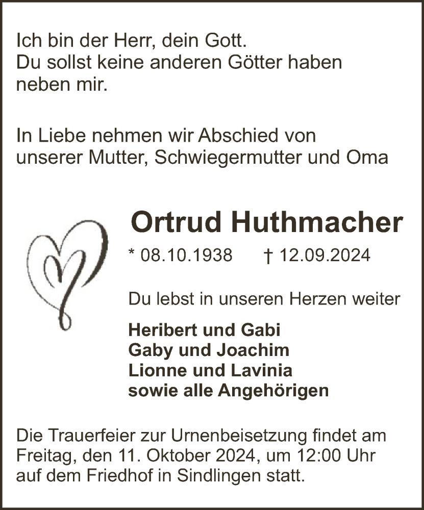  Traueranzeige für Ortrud Huthmacher vom 04.10.2024 aus FNP