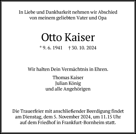 Traueranzeige von Otto Kaiser von FNP