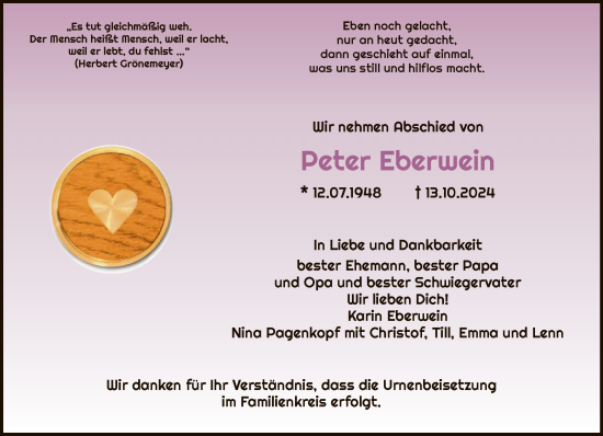 Traueranzeige von Peter Eberwein von FNP