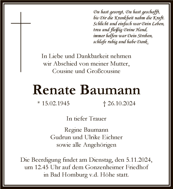 Traueranzeige von Renate Baumann von FNP