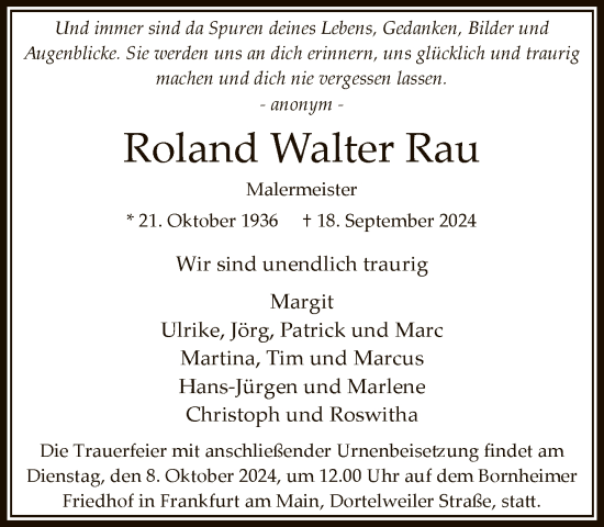 Traueranzeige von Roland Walter Rau von FNP