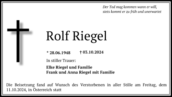 Traueranzeige von Rolf Riegel von FNP