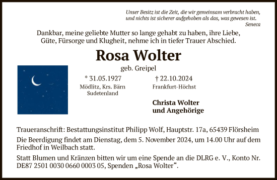 Traueranzeige von Rosa Wolter von FNP