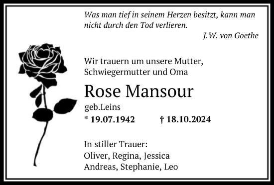 Traueranzeige von Rose Mansour von FNP