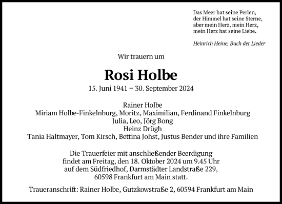  Traueranzeige für Rosi Holbe vom 05.10.2024 aus FNP