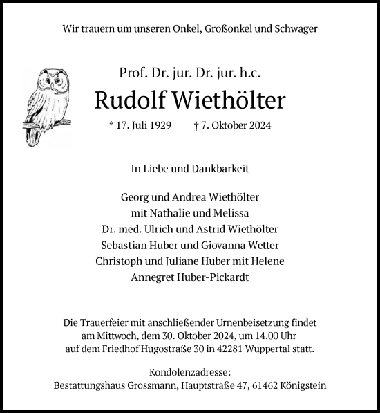 Traueranzeige von Rudolf Wiethölter von FNP