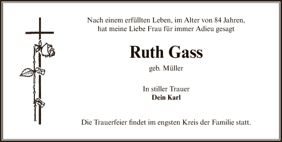 Traueranzeige von Ruth Gass von FNP