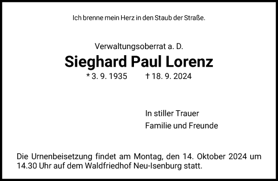 Traueranzeige von Sieghard Paul Lorenz von FNP