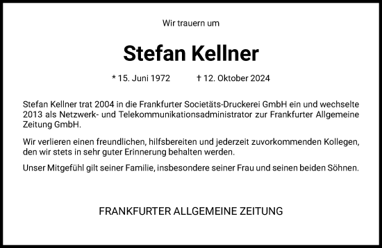 Traueranzeige von Stefan Kellner von FNP