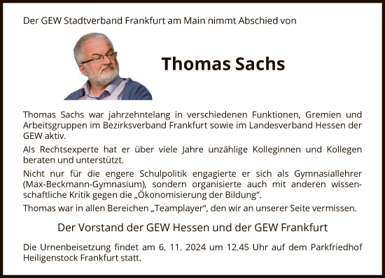 Traueranzeige von Thomas Sachs von FNP