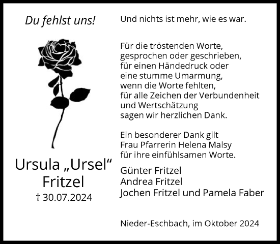 Traueranzeige von Ursula Fritzel von FNP