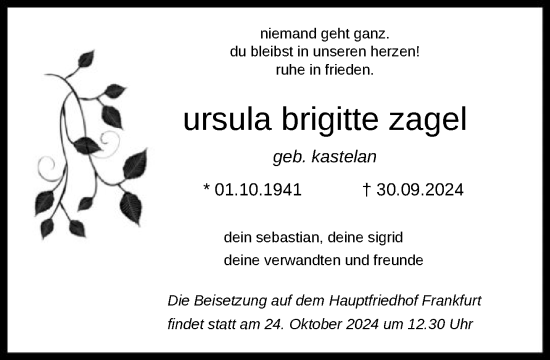Traueranzeige von Ursula Zagel von FNP