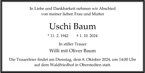Traueranzeige von Uschi Baum von FNP