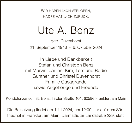 Traueranzeige von Ute A. Benz von FNP