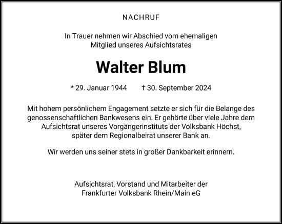 Traueranzeige von Walter Blum von FNP