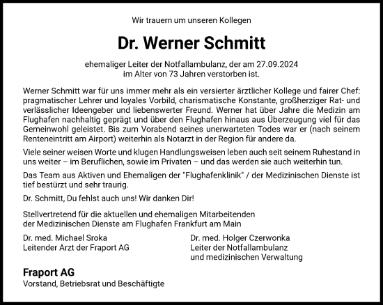 Traueranzeige von Werner Schmitt von FNP