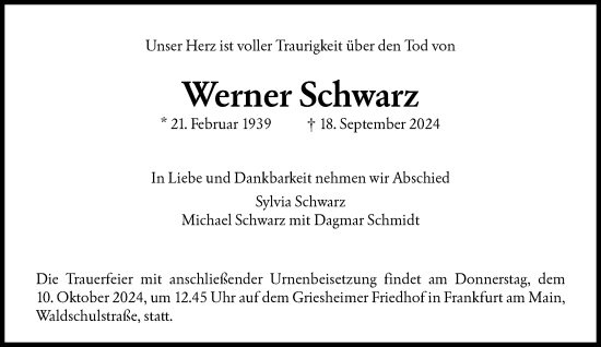 Traueranzeige von Werner Schwarz von FNP