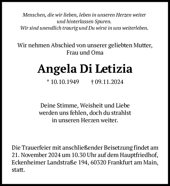 Traueranzeige von Angela Di Letizia von FNP