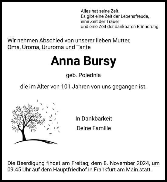 Traueranzeige von Anna Bursy von FNP