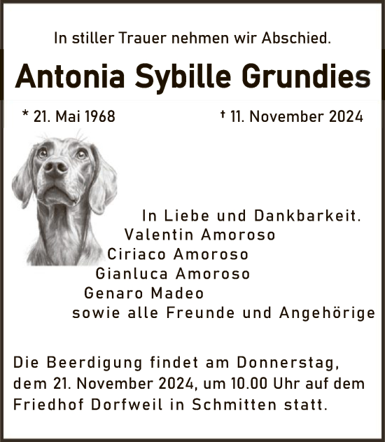 Traueranzeige von Antonia Sybille Grundies von FNP