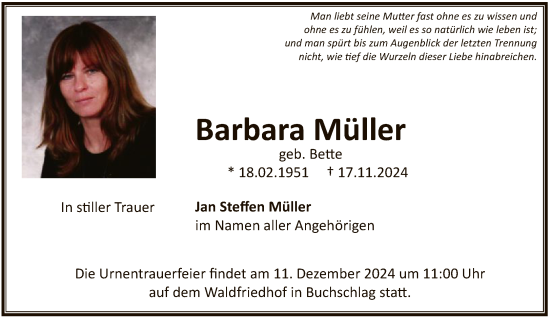 Traueranzeige von Barbara Müller von FNP