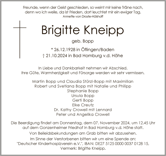 Traueranzeige von Brigitte Kneipp von FNP