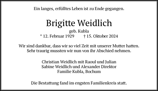Traueranzeige von Brigitte Weidlich von FNP