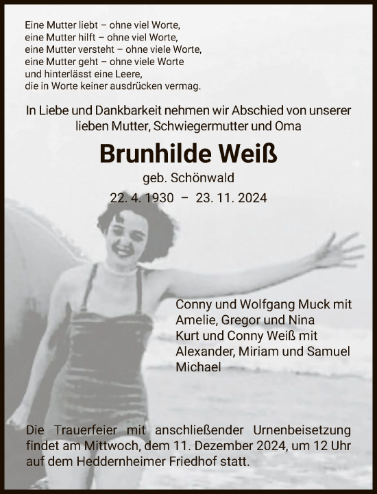 Traueranzeige von Brunhilde Weiß von FNP