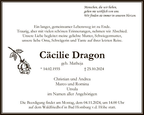 Traueranzeige von Cäcilie Dragon von FNP