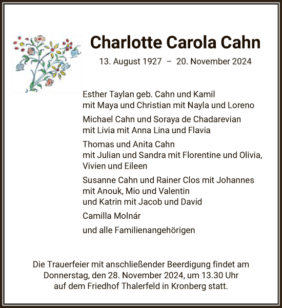 Traueranzeige von Charlotte Cahn von FNP