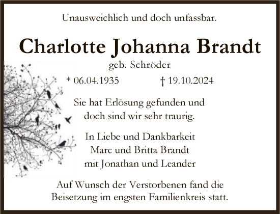 Traueranzeige von Charlotte Johanna Brandt von FNP