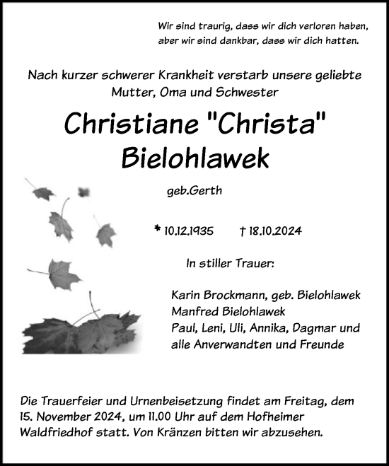 Traueranzeige von Christiane Bielohlawek von FNP