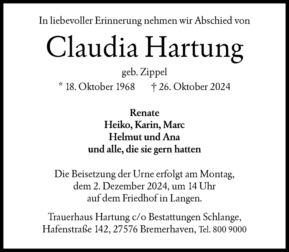  Traueranzeige für Claudia Hartung vom 16.11.2024 aus FNP