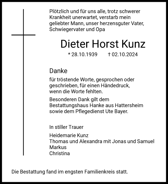 Traueranzeige von Dieter Horst Kunz von FNP