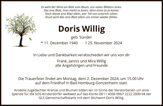 Traueranzeige von Doris Willig von FNP