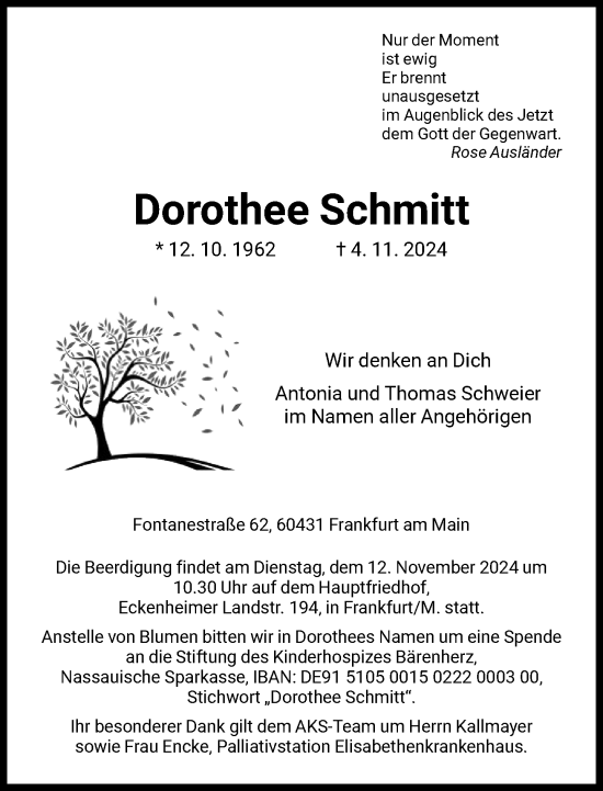 Traueranzeige von Dorothee Schmitt von FNP