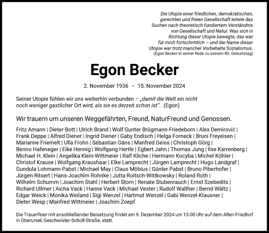 Traueranzeige von Egon Becker von FNP