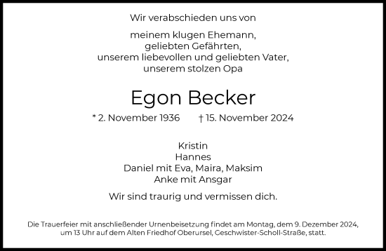 Traueranzeige von Egon Becker von FNP